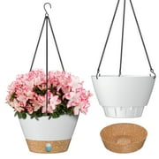 FIASON 2 Pack Plastic 8 Inch White Hanging Planter for Indoor & Outdoor Plants, Self Watering Hanging Baskets with Visual Reservoir, Drainage Holes and Plant Hanger