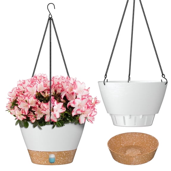 FIASON 2 Pack Plastic 8 Inch White Hanging Planter for Indoor & Outdoor Plants, Self Watering Hanging Baskets with Visual Reservoir, Drainage Holes and Plant Hanger