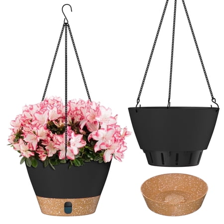 FIASON 2 Pack 8 Inch Black Gray Self Watering Hanging Planters, Indoor Outdoor Plastic Flower Pots with Visual Reservoir, Drainage Holes & Chain Hanger for Home Garden Decor