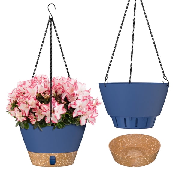 FIASON 2 Pack Plastic 8 Inch Blue Hanging Planter for Indoor & Outdoor Plants, Self Watering Hanging Baskets with Visual Reservoir, Drainage Holes and Plant Hanger
