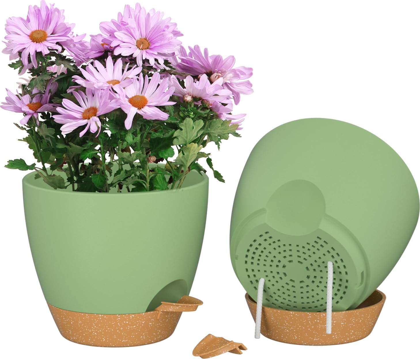 FIASON 2 Pack Plastic 8 Inch Green with Brown Self Watering Plant Pots ...