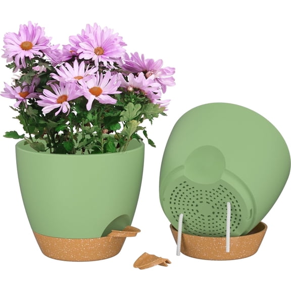FIASON 2 Pack Plastic 8 Inch Green with Brown Self Watering Plant Pots for Indoor Outdoor,Flower Pots Include Drainage Holes and Saucer