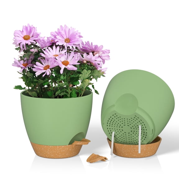 FIASON 2 Pack 8 Inch Green & Brown Self-Watering Plant Pots, Premium Plastic Indoor Outdoor Flower Planters with Breathable Drainage Holes and Detachable Watering Tray