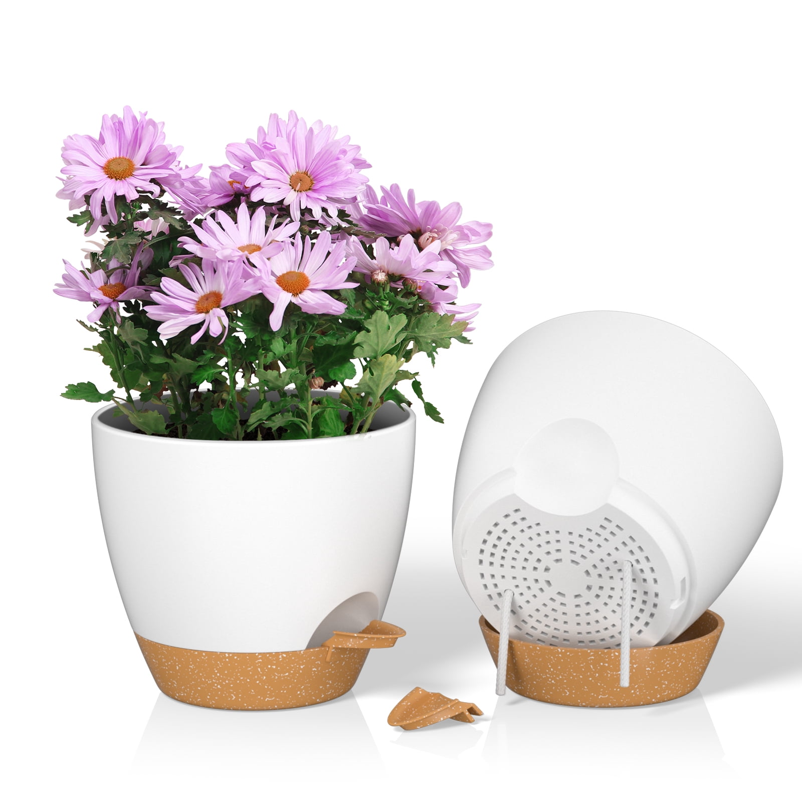 FIASON 2 Pack Plastic 8 Inch White with Brown Self-Watering Plant Pots ...