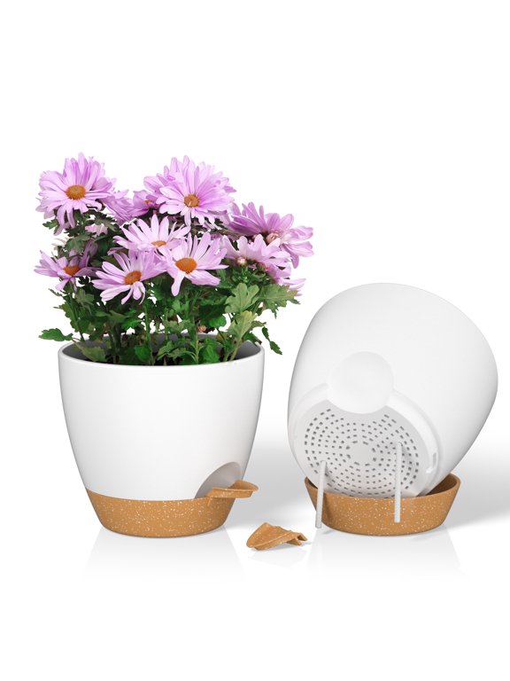 2 Pack 8 Inch White Self Watering Planters, Modern Matte Flower Pots with Brown Detachable Tray, Drainage Holes and Side Watering Lip for Kitchen Herbs, African Violets and Ferns