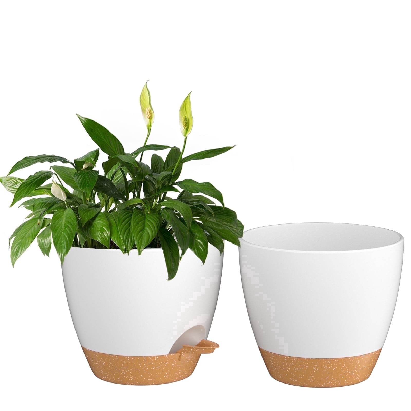 FIASON 2 Pack Plastic 8 Inch White with Brown Self-Watering Plant Pots ...