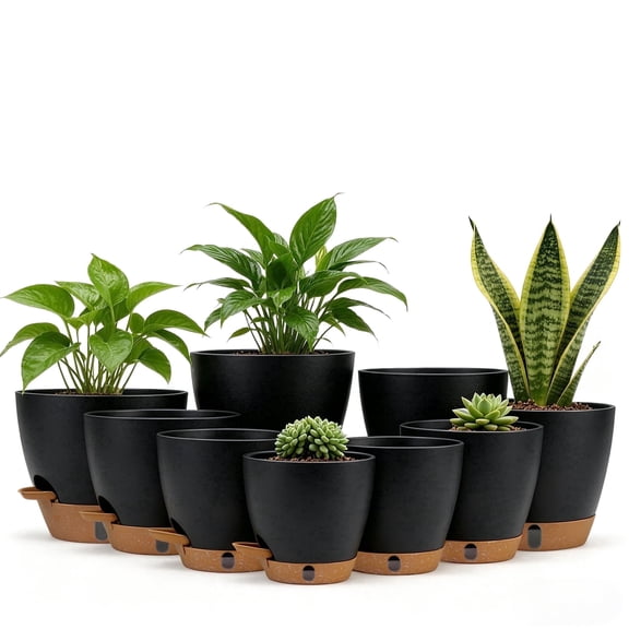 FIASON 9 Pack Self Watering Plant Pots, 5/5.5/6/6.5/7/8/9/10/12 Inch Black with Brown Flower Pots with Watering Lip, Drainage Holes & Removable Saucer for Indoor Outdoor Use