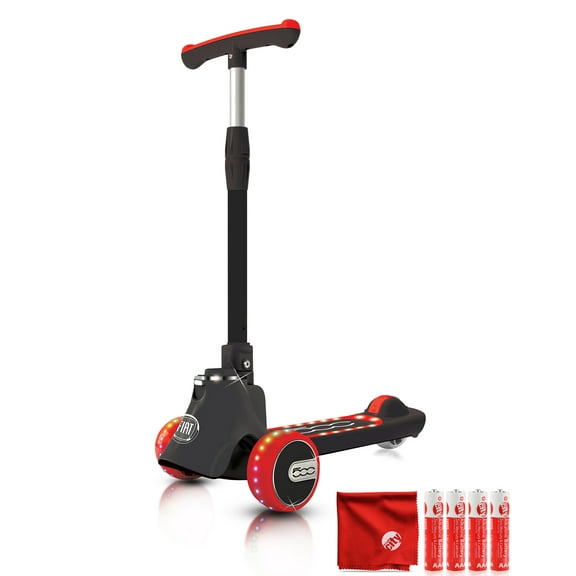 FIAT 503 3-Wheeled Kids Heavy-Duty Folding Kick Scooter | Up to 170 LBS | LED Light Up Wide Wheels and Deck | Adjustable Height | For Children from 5-12 Years with Circuit City Battery Bundle (Black)