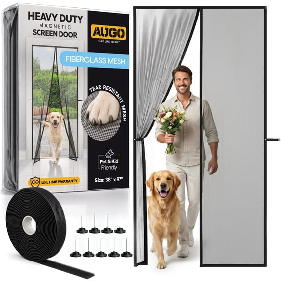 AUGO Magnetic Fiberglass Screen Door - Self Sealing, Heavy Duty, Hands Free Mesh Partition - Door Screen Magnetic Closure - Patent Pending Keep Open Feature - 38 Inch x 97 Inch