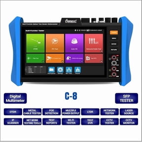 FIBERSHOT Multi-Function C-8 Pro OTDR Tester Fiber, CCTV & Network Testing with RJ45 TDR, Dual GbE, SFP, and PoE++ in a One Handheld Device