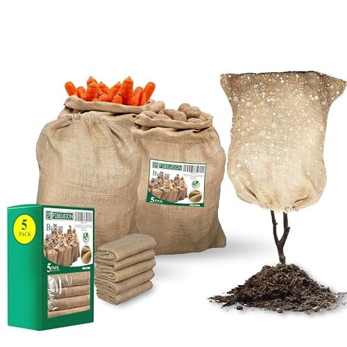 FIBEUSION Heavy Duty Reusable Burlap Sacks 32" X 40" Perfect Burlap Sack for Plants, Winter Plant Covers, Vegetable Storage & Gardening Potato Sacks Set of 5