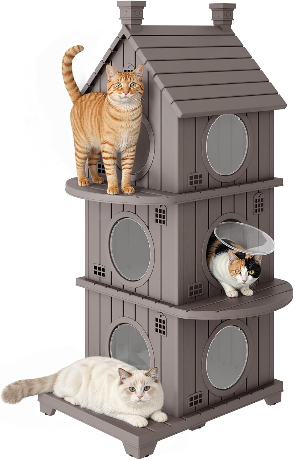 FICARTS Indoor/Outdoor Cat House, Weather-Resistant Pet Shelter with Elevated Base, Multi-Entry Cat Cottage for Feral & Household Cats