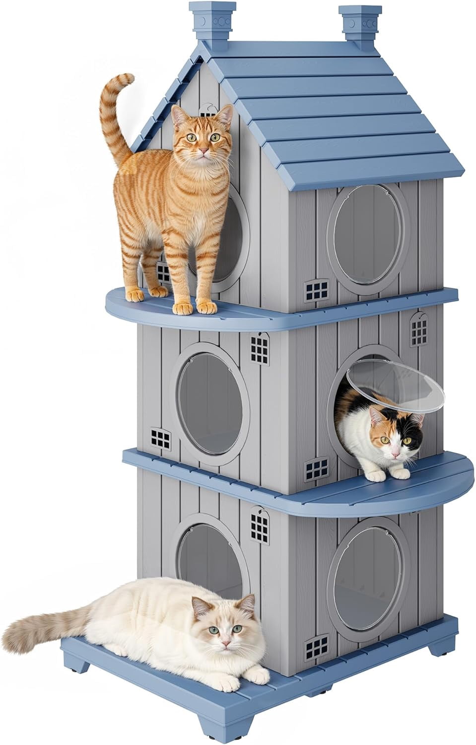 FICARTS Indoor/Outdoor Cat House, Weather-Resistant Pet Shelter with Elevated Base, Multi-Entry Cat Cottage for Feral & Household Cats