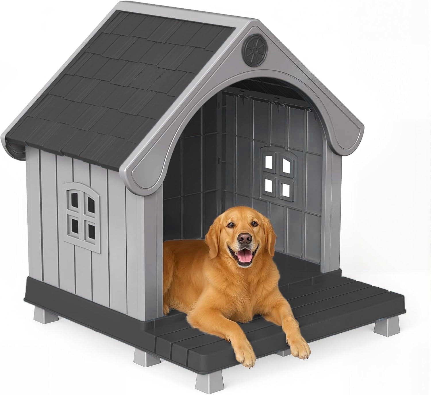 FICARTS Indoor/Outdoor Elevated Dog House with Porch, Weather-Resistant Pet Shelter with Sloped Roof & Ventilation, Durable Dog Kennel for Medium to Large Dogs