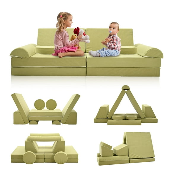 FICISOG 11PCS Kids Couch Play Set, Modular Sofa Fold Out Couch Playhouse Play Set for Toddlers, 70.9" x 31.5" x 19.7", Green