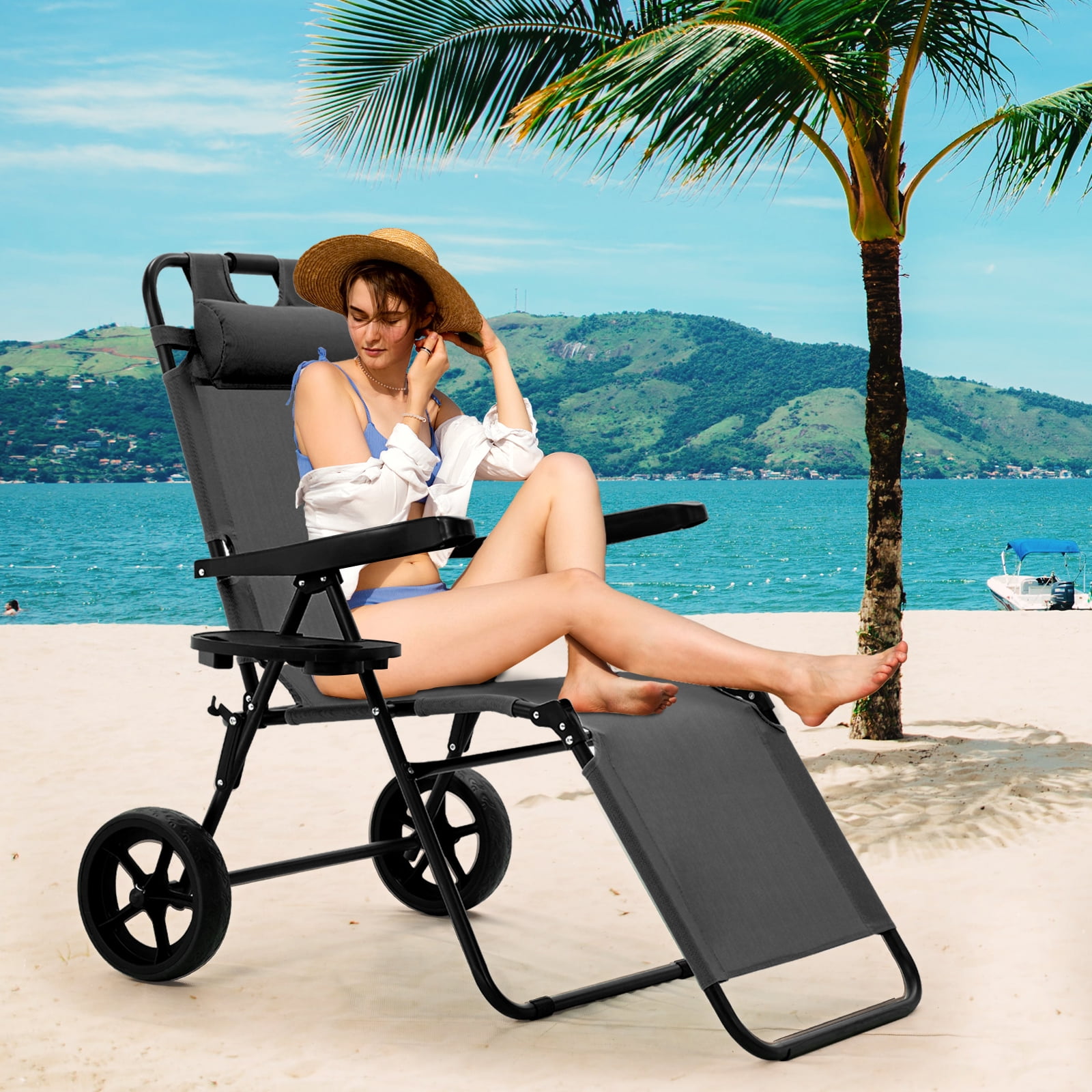 Outdoor Umbrella Lounge Wagon With Umbrella Beach Rolling Wagon