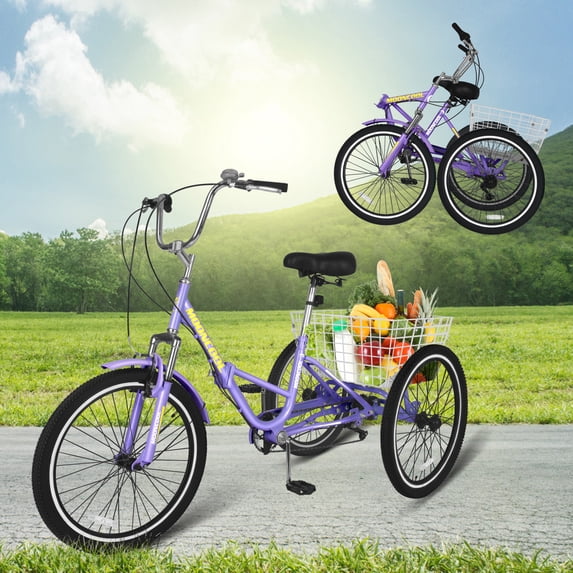 FICISOG 20-Inch Foldable Adult Tricycle for Women, 7 Speed Adult Folding Trikes with Rear Basket, Carbon Steel 3 Wheel Cruiser Trikes with Double-Wall Wheel Rims for Women Men Seniors