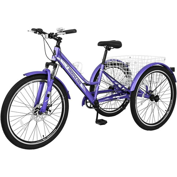 FICISOG 24" Adult Mountain Tricycle, 3 Wheeled 7-Speed Mountain Tricycle Cruiser Bike with Basket,Unisex