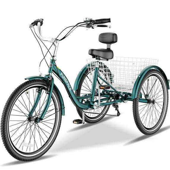 FICISOG 26" Adult Tricycle, Adjustable 7-Speed with Shopping Basket, Dark Green