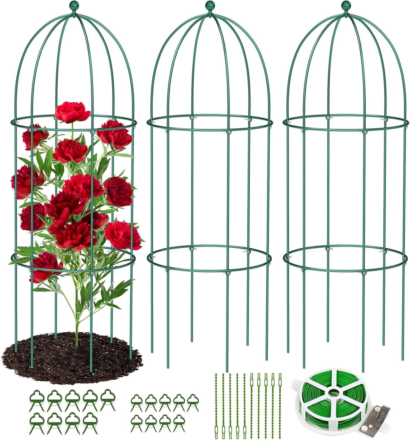 FICISOG 3 Pack Metal Plant Cage Support, 31.5" H Peony Support Tomato Cage Garden Obelisk Trellis Supports Tower Obelisk Garden Trellis for Clematis Vine Jasmine Outdoor Indoor