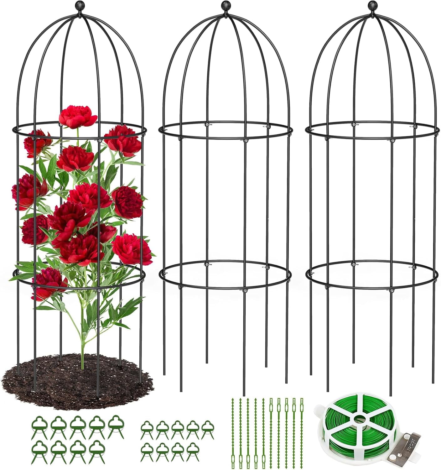 FICISOG 3 Pack Metal Plant Cage Support, 47" H Peony Support Tomato Cage Garden Obelisk Trellis Supports Tower Obelisk Garden Trellis for Clematis Vine Jasmine Outdoor Indoor