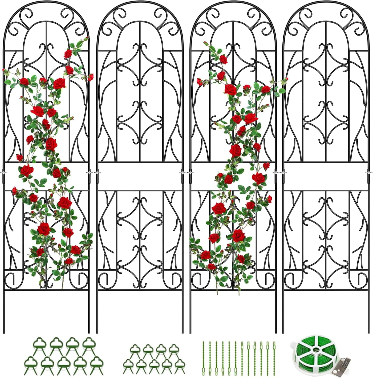 FICISOG 4 Pack 59x16in Metal Garden Trellis for Climbing Plants,Black Large Trellis for Climbing Plants Outdoor, Roses, Vegetables Vines Flowers Support, Large Decorative Outdoor Trellis