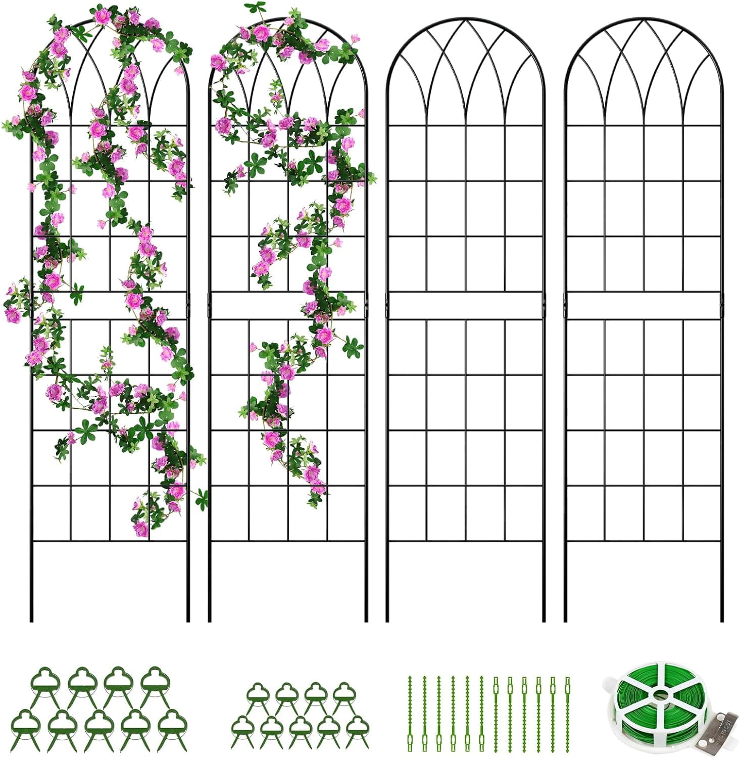 FICISOG 4 Pack 59x16in Metal Garden Trellis for Climbing Plants,Black Large Trellis for Climbing Plants Outdoor, Roses, Vegetables Vines Flowers Support, Large Decorative Outdoor Trellis