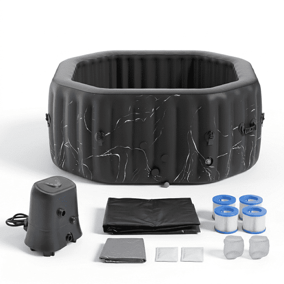 FICISOG 4 Person Inflatable Hot Tub, Polygon Portable Inflatable Hot Tubs with 120 Soothing Air Jets, 60" W x 25" H Outdoor Hot Tubs Spa - Black Gold