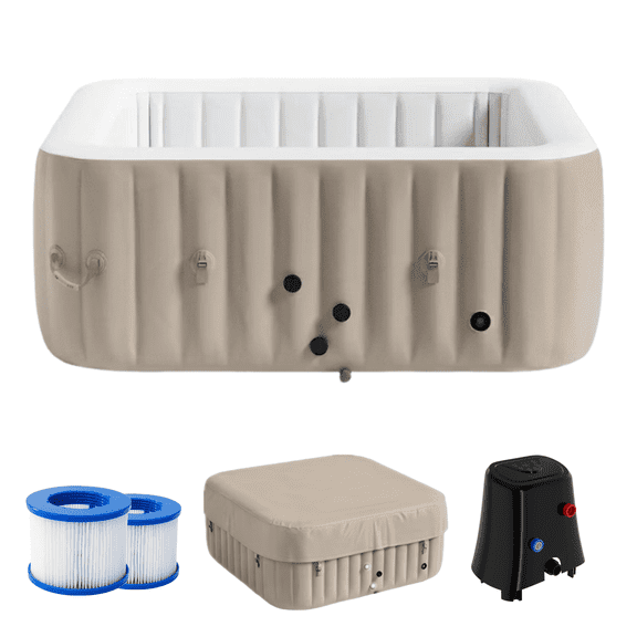 FICISOG Inflatable Hot Tub for 4 Person, Portable Blow Up Hot Tubs with 120 Bubble Jets, Square 60" W x 25" H Outdoor Inflatable Hot Tubs Spa - Coffee