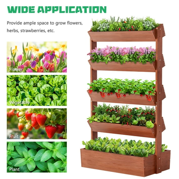 FICISOG 5 Tier Vertical Raised Garden Bed, Wooden Tiered Planter Box, Modern Freestanding Plant Flower Rack, Herb Vegetable Flower Planting Box Shelf for Indoor Patio Balcony