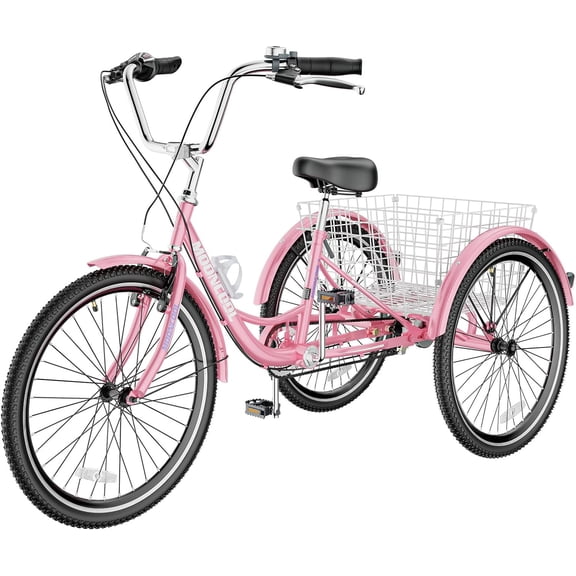 FICISOG 7 Speed Adult Tricycle for Men, 26 Inch Adult Trike with Basket, 3 Wheel Bikes for Adults Seniors, Carbon Steel Cruise Trike for Shopping Picnic
