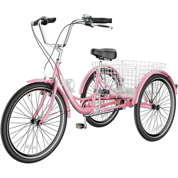 FICISOG 7 Speed Adult Tricycle for Women, 20 Inch Adult Trike with Basket, 3 Wheel Bikes for Adults Seniors, Carbon Steel Cruise Trike for Shopping Picnic