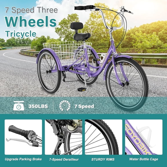 FICISOG 7 Speed Adult Tricycle for Men, 20/24/26 Inch Adult Trike with Basket, 3 Wheel Bikes for Adults Seniors, Cruise Trike for Shopping Picnic