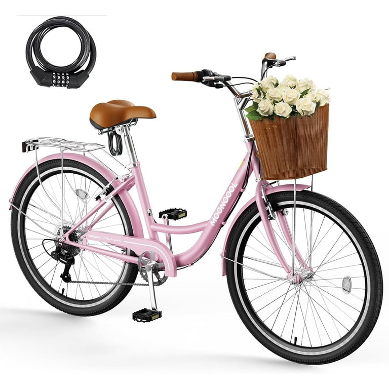 FICISOG Speed Womens Bike with Rattan Basket Lock, 24/26 inch