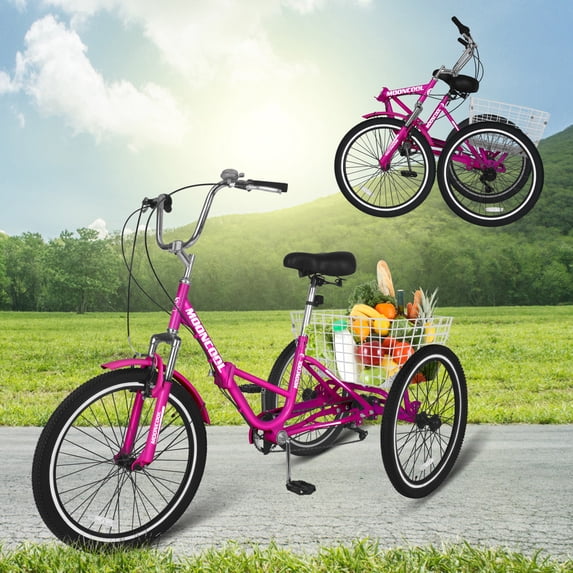 FICISOG Adult 20" 7 Speed Foldable Tricycle with Rear Basket, Pink