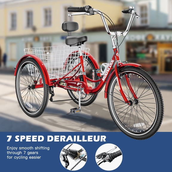 FICISOG Adult Tricycles for Women, 24 Inch 7 Speed 3 Wheel Bike for Adult w/Large Basket, Double-Wall Wheel Rims, Cruiser Trike for Seniors Shopping Picnic