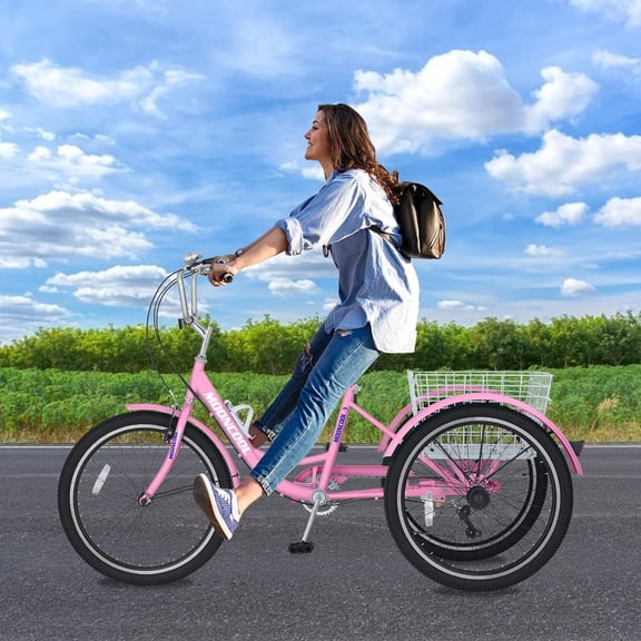 FICISOG Adult Tricycles for Women, 24 Inch 7 Speed 3 Wheel Bike for Adult w/Large Basket, Double-Wall Wheel Rims, Cruiser Trike for Seniors Shopping Picnic