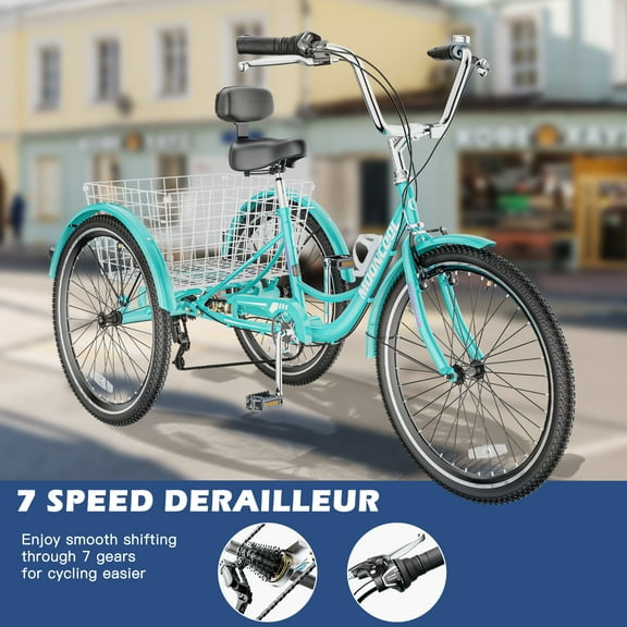 FICISOG Adult Tricycles for Women, 24 Inch 7 Speed 3 Wheel Bike for Adult w/Large Basket, Double-Wall Wheel Rims, Cruiser Trike for Seniors Shopping Picnic