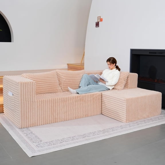 FICISOG Cloud Sectional Couch Sofa, 98.4" Modern L-Shape Upholstered Modular Couch, 3-Seater Convertible Boneless Sofa with Deep Seat, Faux Fur Comfy Couch Sofa for Living Room Bedroom