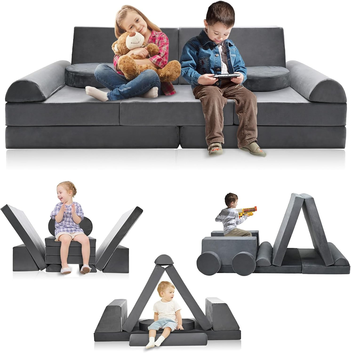 FICISOG Creative Modular Kids Play Couch 10 Pieces Kids Play Sofa Couch Set, Soft Foam Kids Fort ...