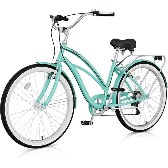 FICISOG Beach Cruiser Bike for Women, 26" Womens Commuter Bike with Rack, 7-Speed Classic Cruiser Bicycle Low Step Through for City Commuter, Retro Bicycle for Seniors Ladies Adult