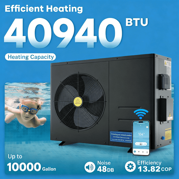 FICISOG Inverter Swimming Pool Heat Pump, 40940 Btu Pool Heater for Above Ground and In Ground Pool, Heating or Cooling Pool Heater for Pools up to 10000 Gallons, Smart WiFi Control
