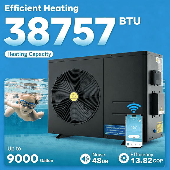 FICISOG Above Ground Pool Heater, 38,757 BTU/hr Pool Water Heater for 9,000 GAL Above Ground and Inground Pools, 2060W Pool Heat Pump, 13.82 COP, 220-240V/60Hz, Smart WiFi Control