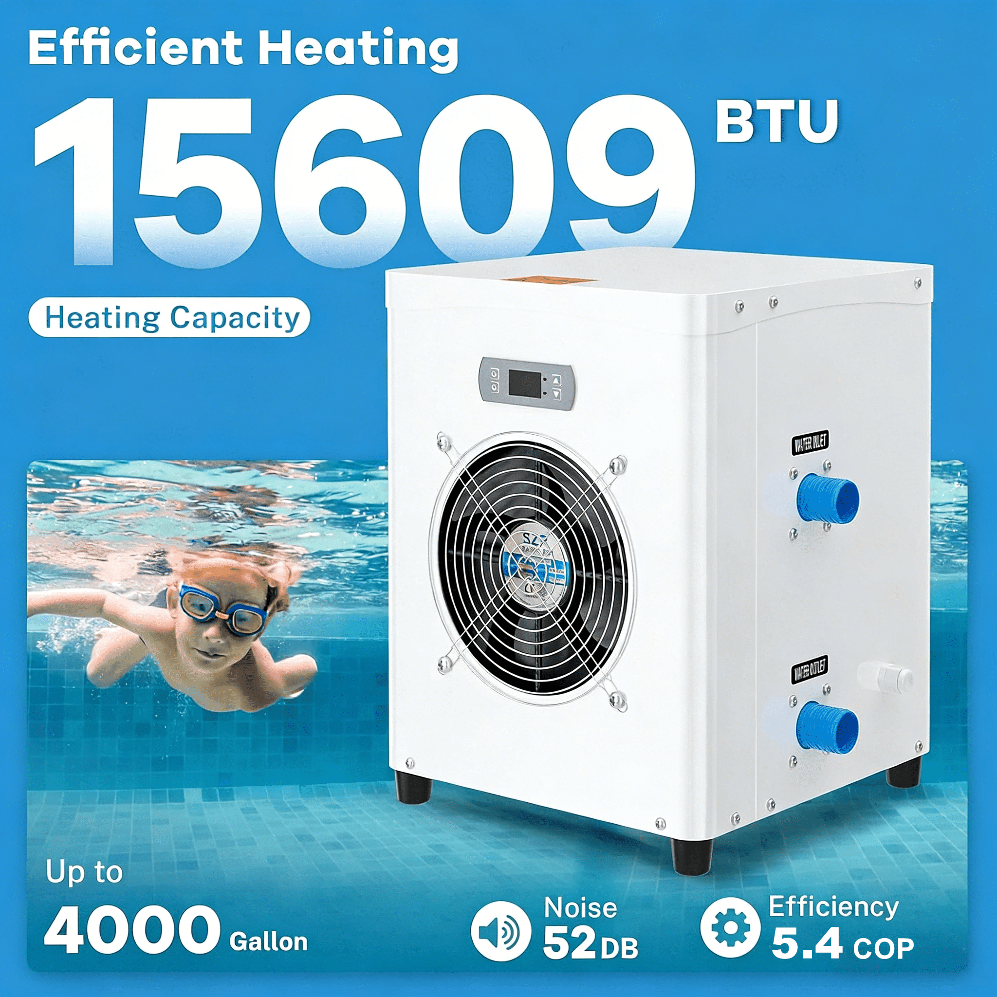 FICISOG Above Ground Pool Heater Electric, 15,609 BTU/hr Pool Water Heater for 4000GAL Above Ground Pools, 1000W Pool Heat Pump, 5.4 COP, 110V-130V/60Hz,White