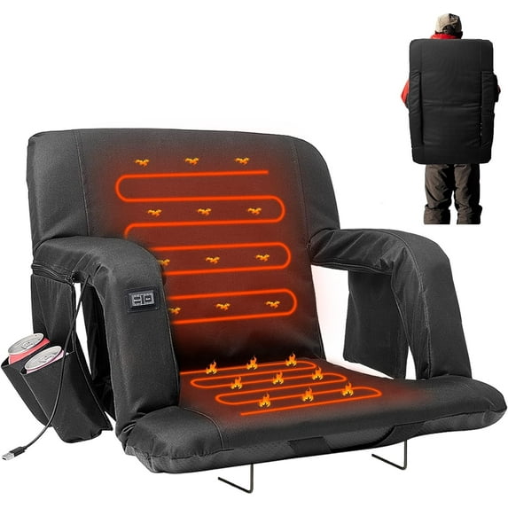 FICISOG Heated Stadium Seats with Back Support Wide 21 inch Stadium Seats for Bleachers Portable Bleacher Chair with 6 Reclining Positions, Armrests for Outdoor Sport Events