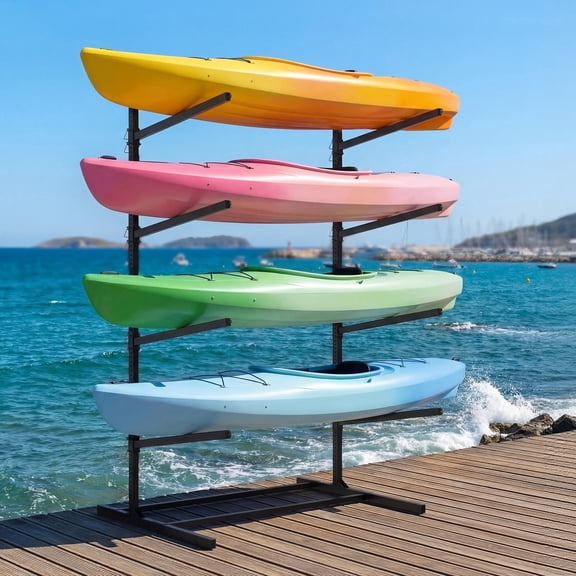 FICISOG Kayak Storage Rack, Freestanding Adjustable Kayak Rack for Garage and Outdoor Storage, Heavy Duty Storage Racks for Kayak, Canoe and Surfboard, Easy to Install & Adjust, 4 Levels for 4 Kayaks