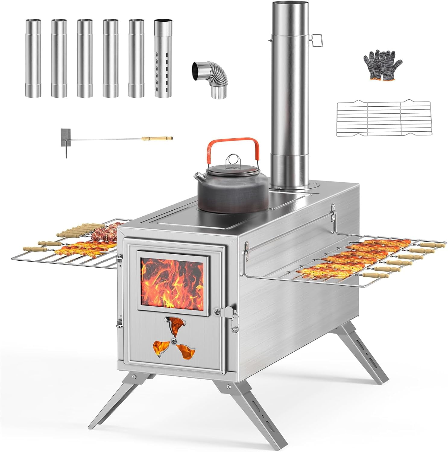 FICISOG Outdoor Wood Burning Stove Portable Camping Wood Stove Stainless Steel Camping Tent Stove with Chimney Pipes, Firebox Hot Camping Cooking Stove for Hiking Backpacking