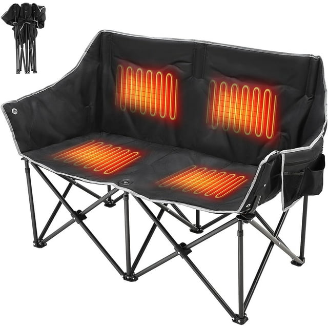 FICISOG Oversized Heated Camping Chair, Two Person Folding Loveseat