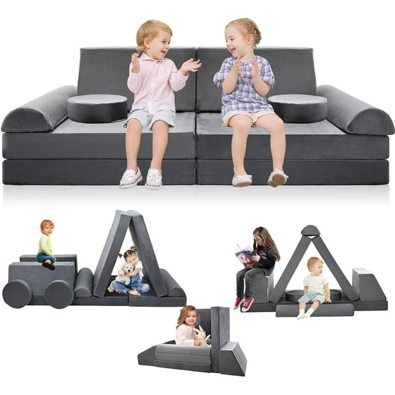 FICISOG Play Sofa Set for Kids, Block Sofa, Memory Foam Padding Couch Sofa, 63" x 31.5" x 19.7", Gray