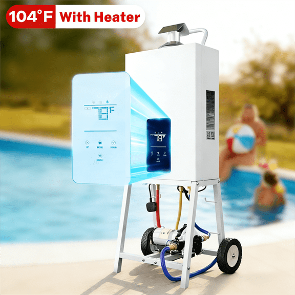 FICISOG Portable Propane Pool & Hot Tub Heater, 105,776 Btu/h SPA Water Heater, 31KW Powerful Instant Heating System for Above Ground Pools, Spas, Outdoor Shower & RV Use, Smart Temp Control & Wheels